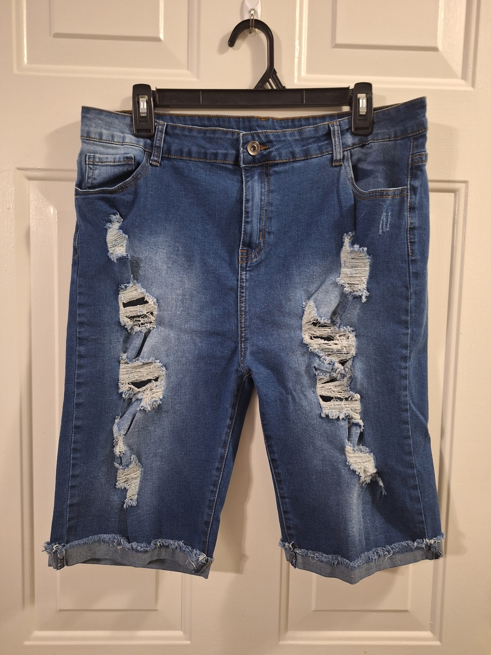 Women's Distressed Denim High-rise Bermuda Shorts - Blue